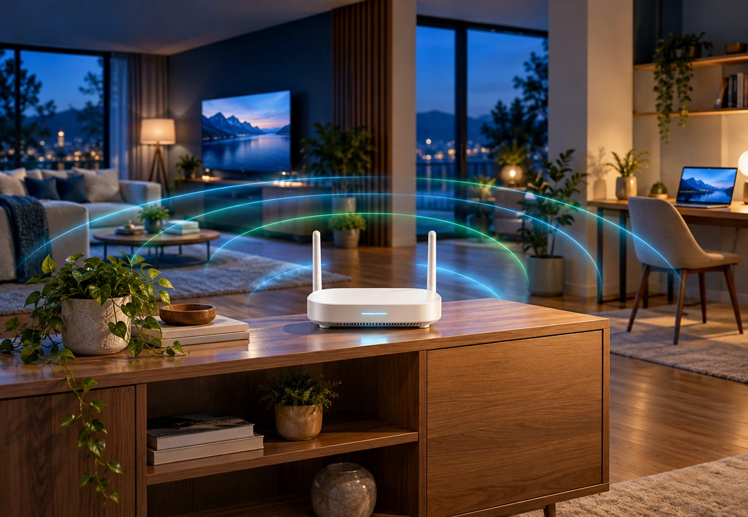 A compact white Wi-Fi router with two short antennas on an elevated open wooden console in the center of a modern home at blue hour, with soft cyan and green signal arcs radiating outward toward a laptop and television in the living area beyond
