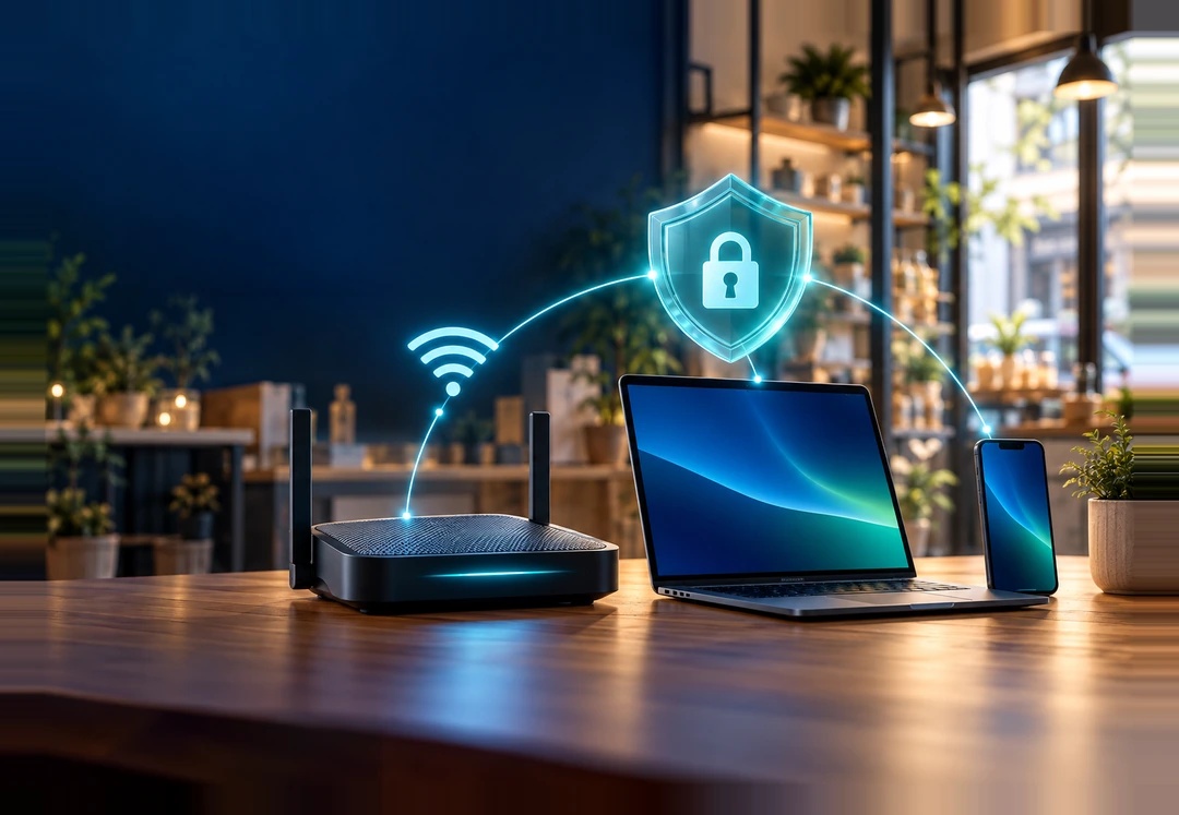 A warmly lit small-business office desk with a dark Wi-Fi router, open laptop, and smartphone joined by a glowing cyan connection arc, with a floating teal glass shield and lock above them symbolizing scam protection