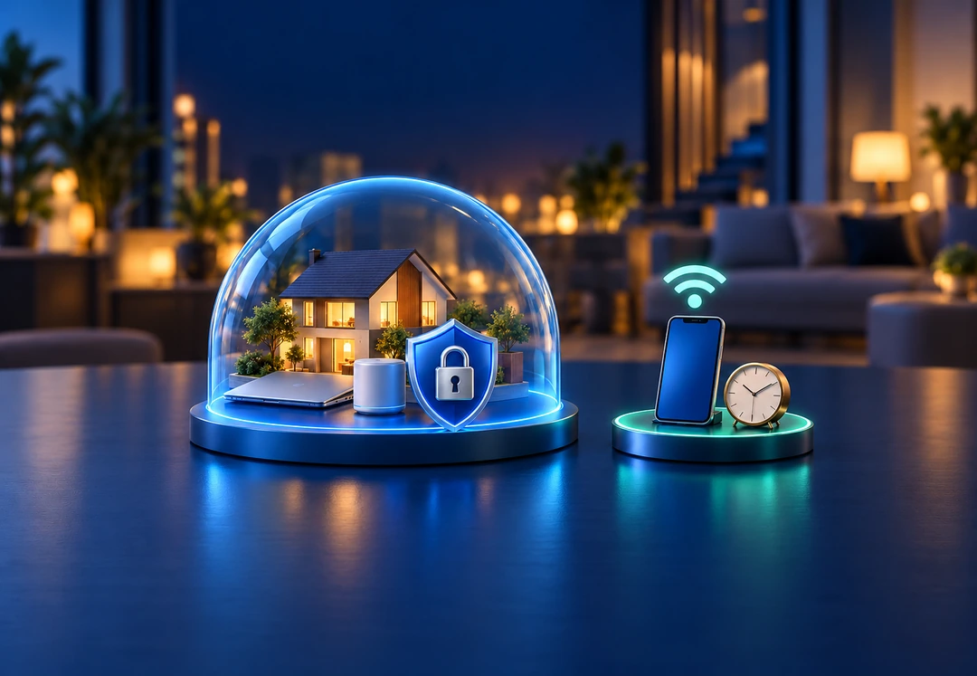 A model home with a laptop, smart speaker, and padlock shield protected under a glowing glass dome, beside a smartphone with a Wi-Fi signal and a clock on a separate pedestal in a softly lit living room