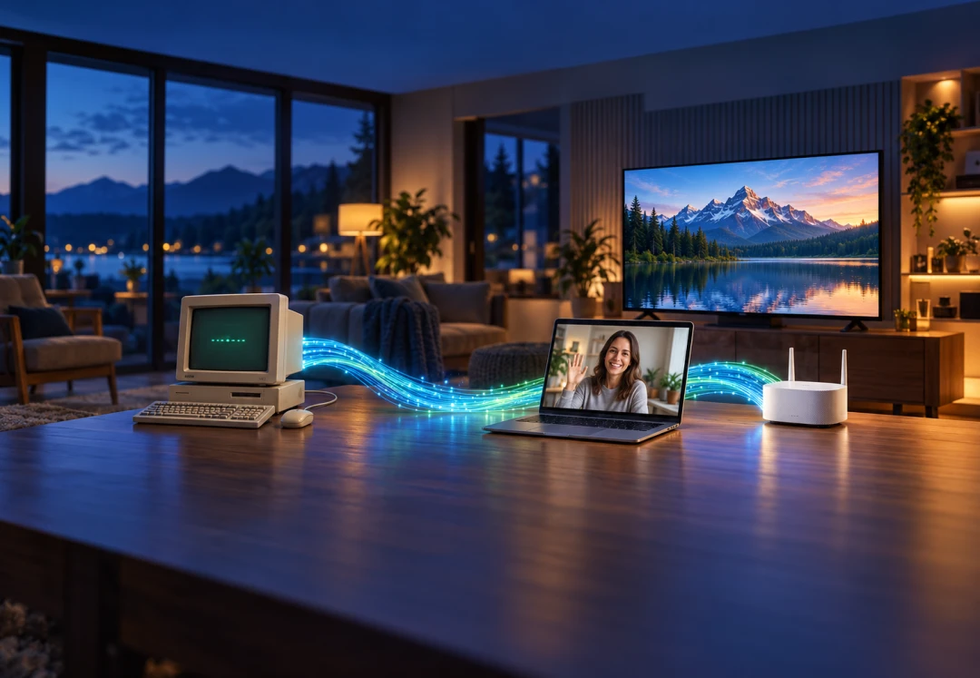 A contemporary home desk where a small beige 1980s computer and keyboard on the left give way to a modern laptop showing a video call and a television on the right, bridged by a flowing ribbon of glowing cyan fiber optic light strands with a small white router nearby