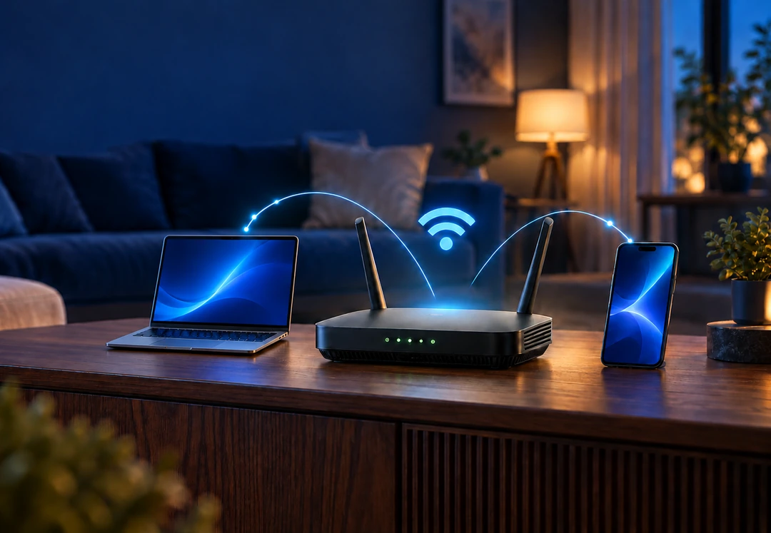 A black Wi-Fi router with two antennas and green status lights on a wooden console in a cozy living room at night, with glowing blue signal arcs connecting it to a laptop and a smartphone