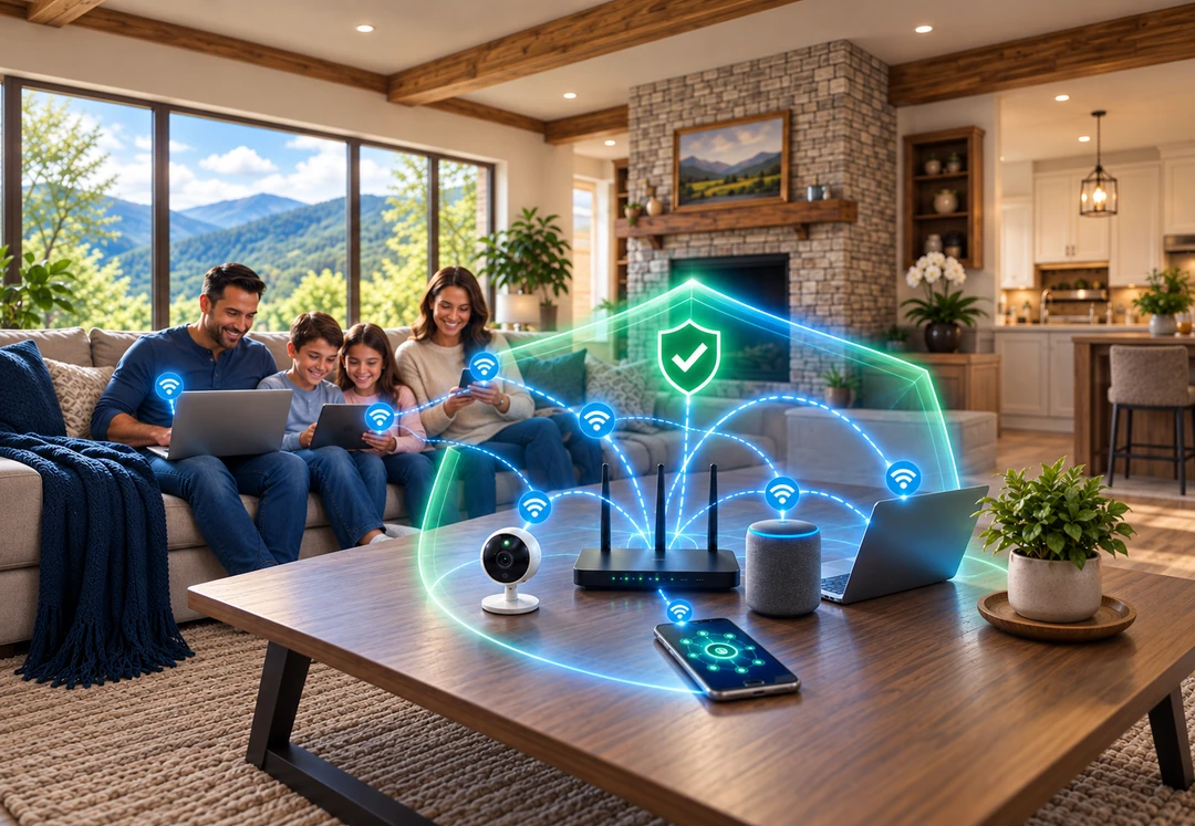A family relaxing on the couch with their phones, tablets, and laptops while a glowing shield protects every device connected to the home router