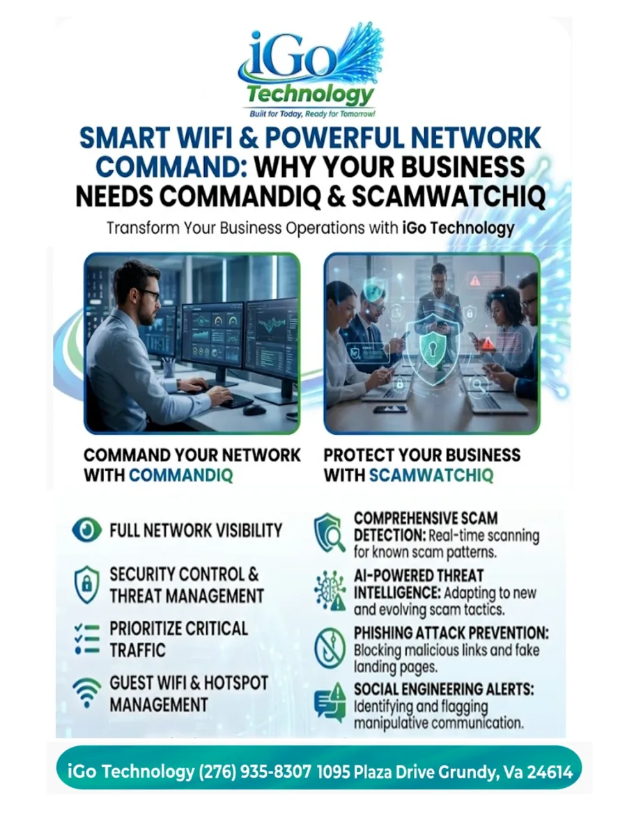 iGo Technology flyer titled Smart WiFi and Powerful Network Command: Why Your Business Needs CommandIQ and ScamWatchIQ, showing a network manager at dashboard monitors and a business team protected by a glowing shield, and listing CommandIQ features: full network visibility, security control and threat management, prioritize critical traffic, guest WiFi and hotspot management; and ScamWatchIQ features: comprehensive scam detection, AI-powered threat intelligence, phishing attack prevention, and social engineering alerts