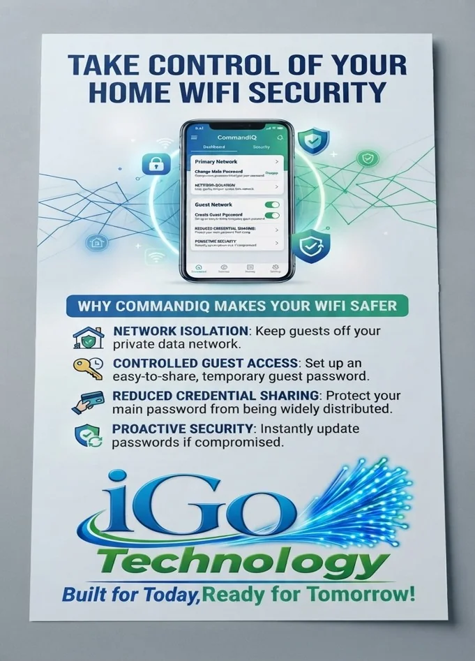 iGo Technology flyer titled Take Control of Your Home WiFi Security, showing the CommandIQ app on a smartphone with primary and guest network settings, and listing why CommandIQ makes your Wi-Fi safer: network isolation, controlled guest access, reduced credential sharing, and proactive security