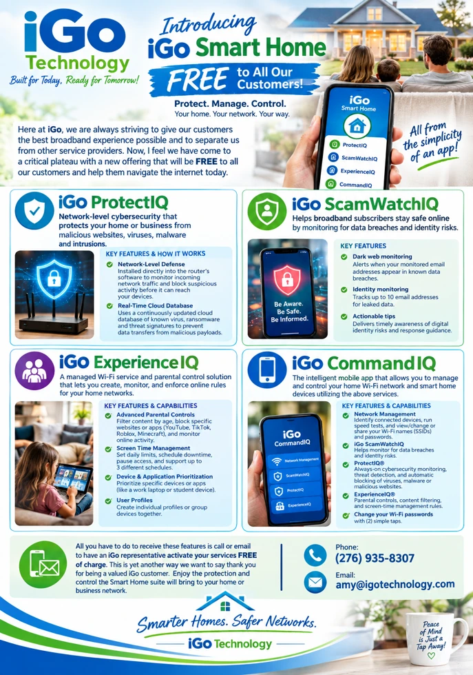 iGo Smart Home flyer announcing ProtectIQ, ScamWatchIQ, ExperienceIQ, and CommandIQ free to all iGo customers, with key features for each app and contact information for activation
