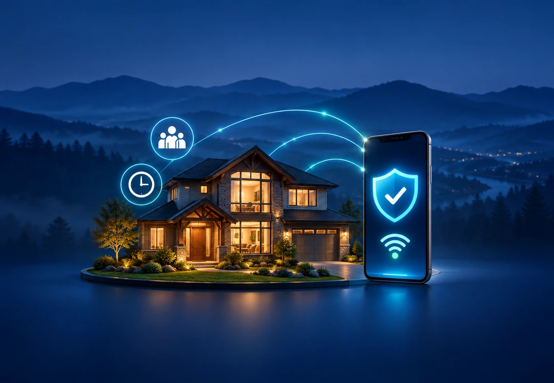 A mountain home at dusk connected by glowing Wi-Fi signals to a smartphone showing a security shield, with icons for family profiles and screen-time schedules