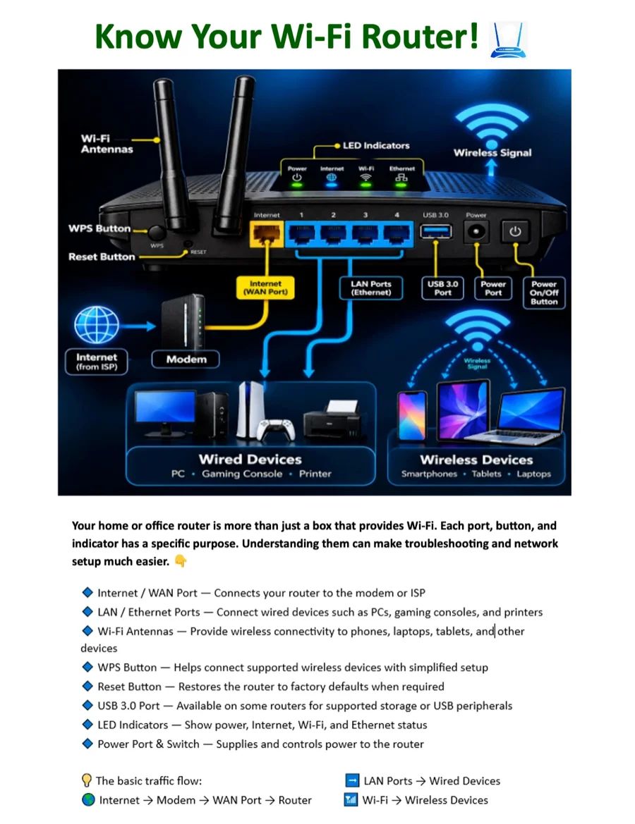 Infographic titled Know Your Wi-Fi Router showing a labeled router with Wi-Fi antennas, LED indicators, WPS and reset buttons, Internet WAN port, four LAN Ethernet ports, USB 3.0 port, power port, and power switch, with traffic flowing from the Internet through the modem to the router, then to wired devices like a PC, gaming console, and printer, and wirelessly to smartphones, tablets, and laptops