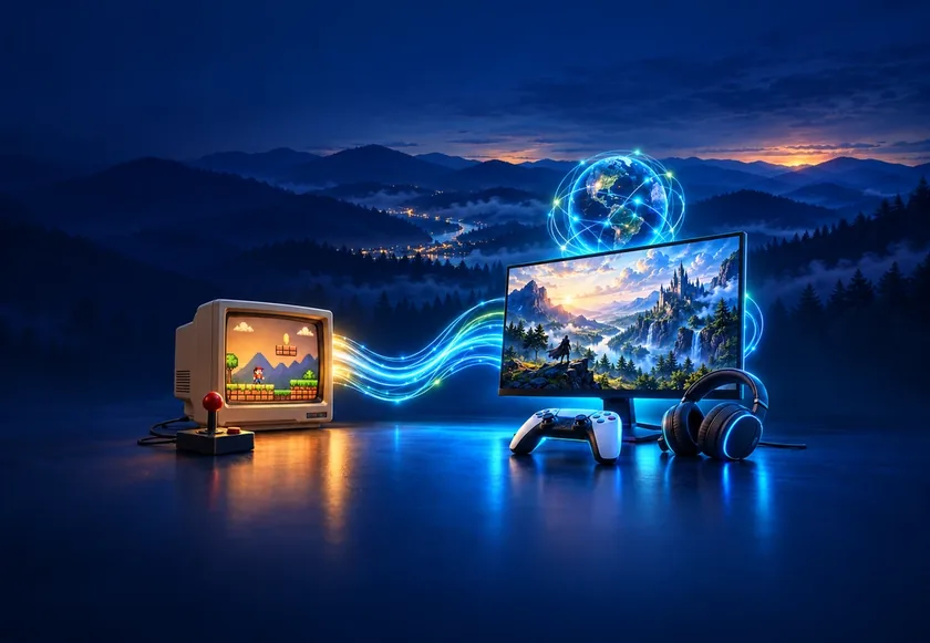 A split scene showing a 1984 living room with a boxy TV and cartridge console beside a 2026 fiber-connected gaming setup with a large curved monitor and glowing fiber optic cable