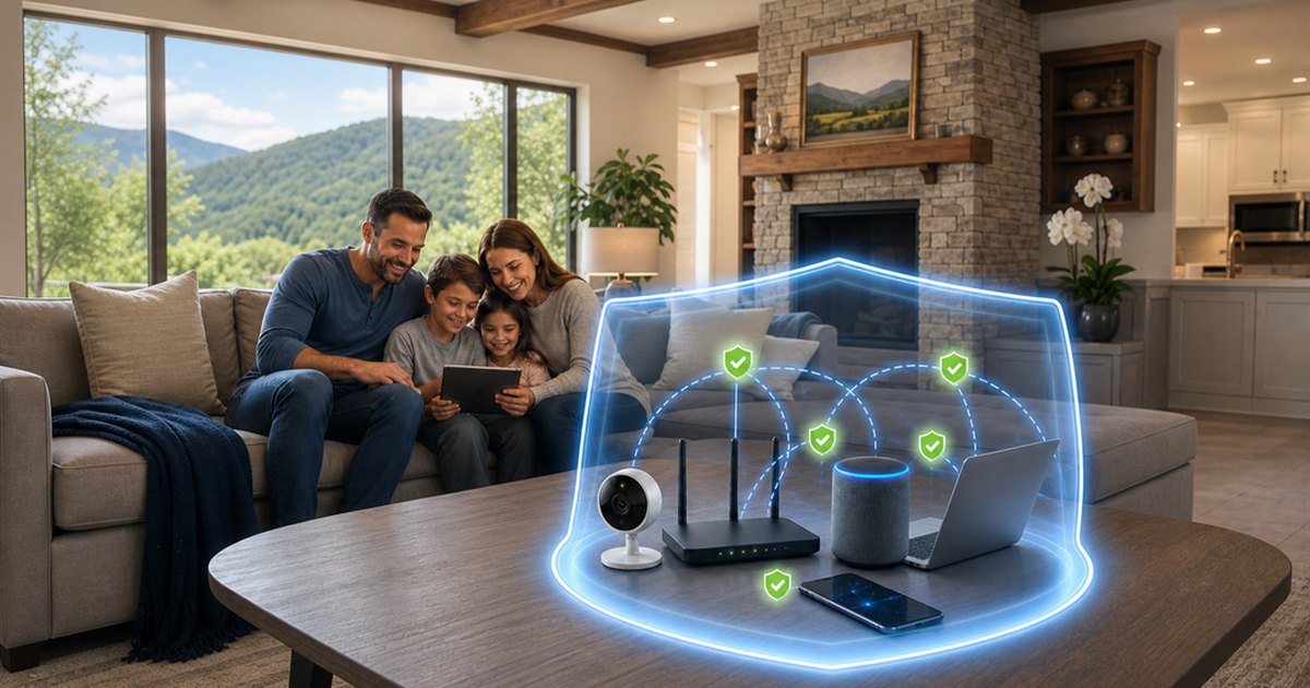 A family relaxing at home while a protective shield surrounds their connected devices