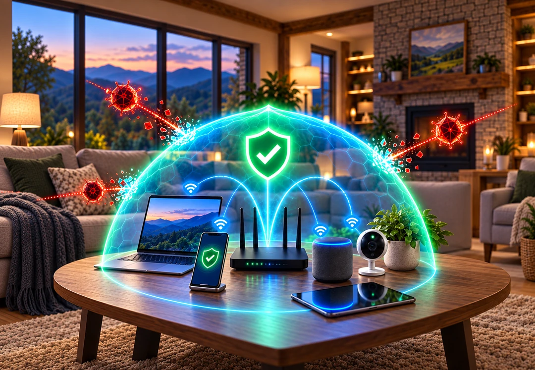 A glowing protective dome surrounding a laptop, phone, router, smart speaker, and camera on a coffee table while red virus shapes are blocked outside it