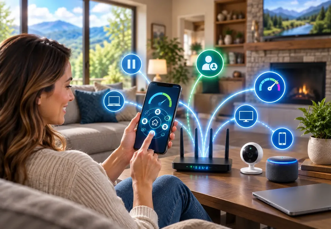 A woman on her couch using the CommandIQ app on her phone to manage the devices, parental controls, and speed of her home Wi-Fi network
