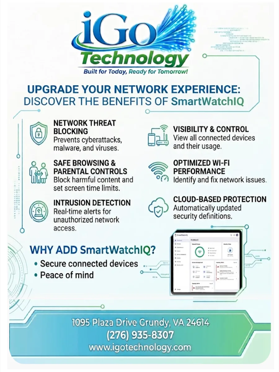 iGo Technology flyer titled Upgrade Your Network Experience: Discover the Benefits of SmartWatchIQ, listing network threat blocking, safe browsing and parental controls, intrusion detection, visibility and control, optimized Wi-Fi performance, and cloud-based protection, with a tablet showing the SmartWatchIQ dashboard and the iGo address, phone number, and website