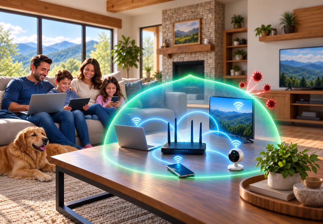 A family relaxing on the couch with their laptops and phones while a glowing shield around the home router blocks red virus shapes from reaching their devices