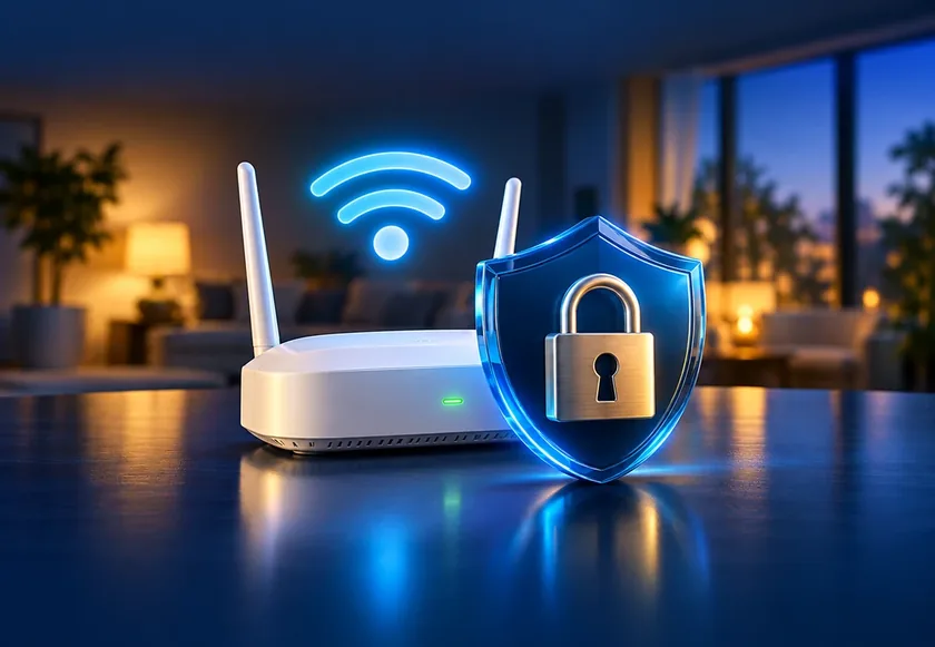A white home Wi-Fi router beside a deep-blue glass shield with a metallic padlock, with a glowing Wi-Fi symbol above and a cozy home interior softly lit in the background