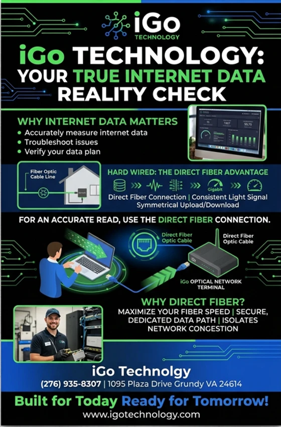 iGo Technology infographic titled Your True Internet Data Reality Check showing a home with a direct fiber line, a laptop connected by ethernet cable to an iGo Optical Network Terminal, and an iGo technician