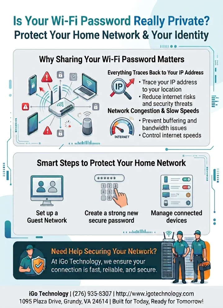 iGo Technology infographic titled Is Your Wi-Fi Password Really Private? Protect Your Home Network and Your Identity, explaining why sharing your Wi-Fi password matters because everything traces back to your IP address and causes network congestion, and listing smart steps: set up a guest network, create a strong new secure password, and manage connected devices