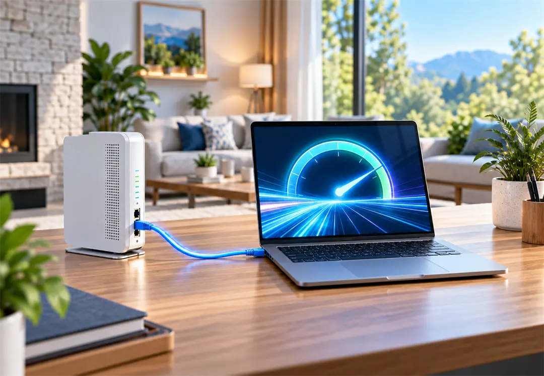 A laptop on a living room table connected by a blue ethernet cable to a white iGo Optical Network Terminal, with a speedometer gauge on the laptop screen showing a hard-wired speed test