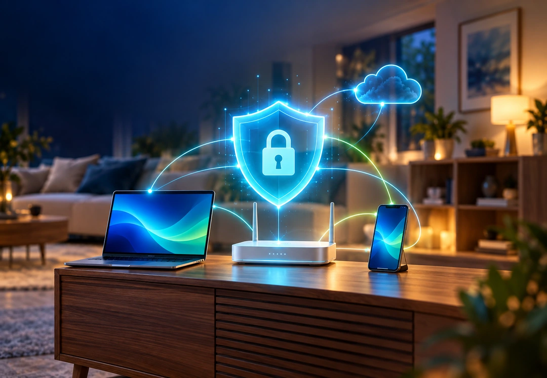 A warmly lit modern living room with a glowing translucent cyan shield and lock hovering above a home router, laptop, and smartphone joined by luminous network arcs, with a subtle cloud outline above suggesting continuously updated protection